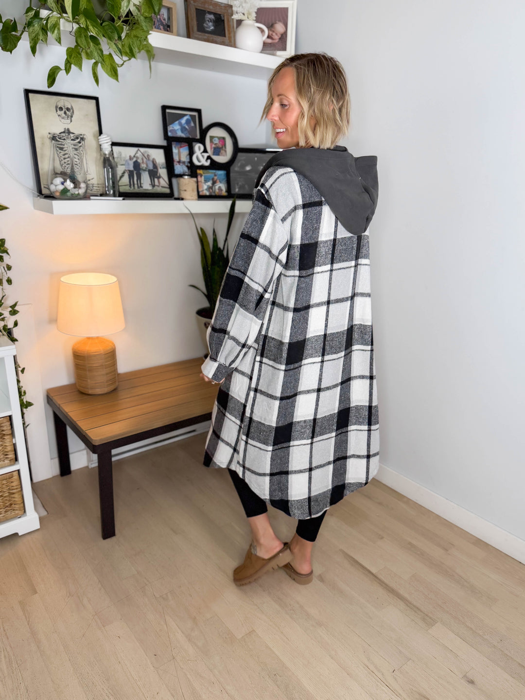 Pinewood Long Line Hooded Plaid Shacket- BLACK