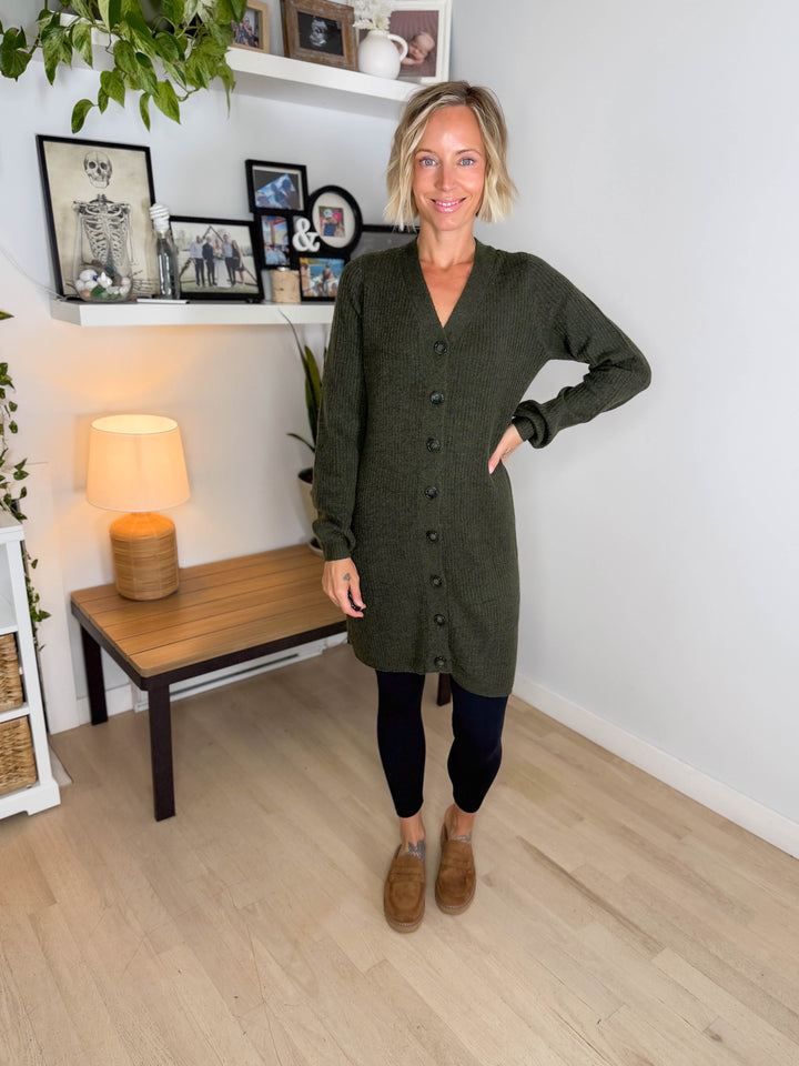 VERO MODA Karla V-neck Button Long Line Cardigan- FOREST NIGHT