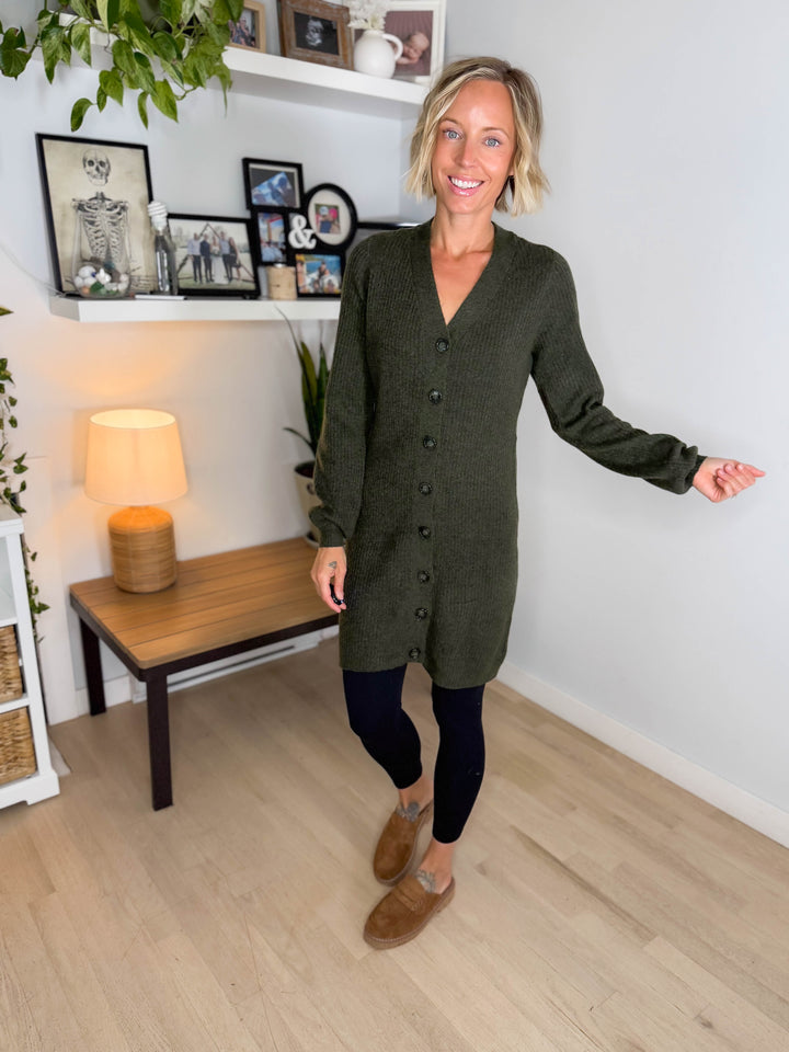 VERO MODA Karla V-neck Button Long Line Cardigan- FOREST NIGHT