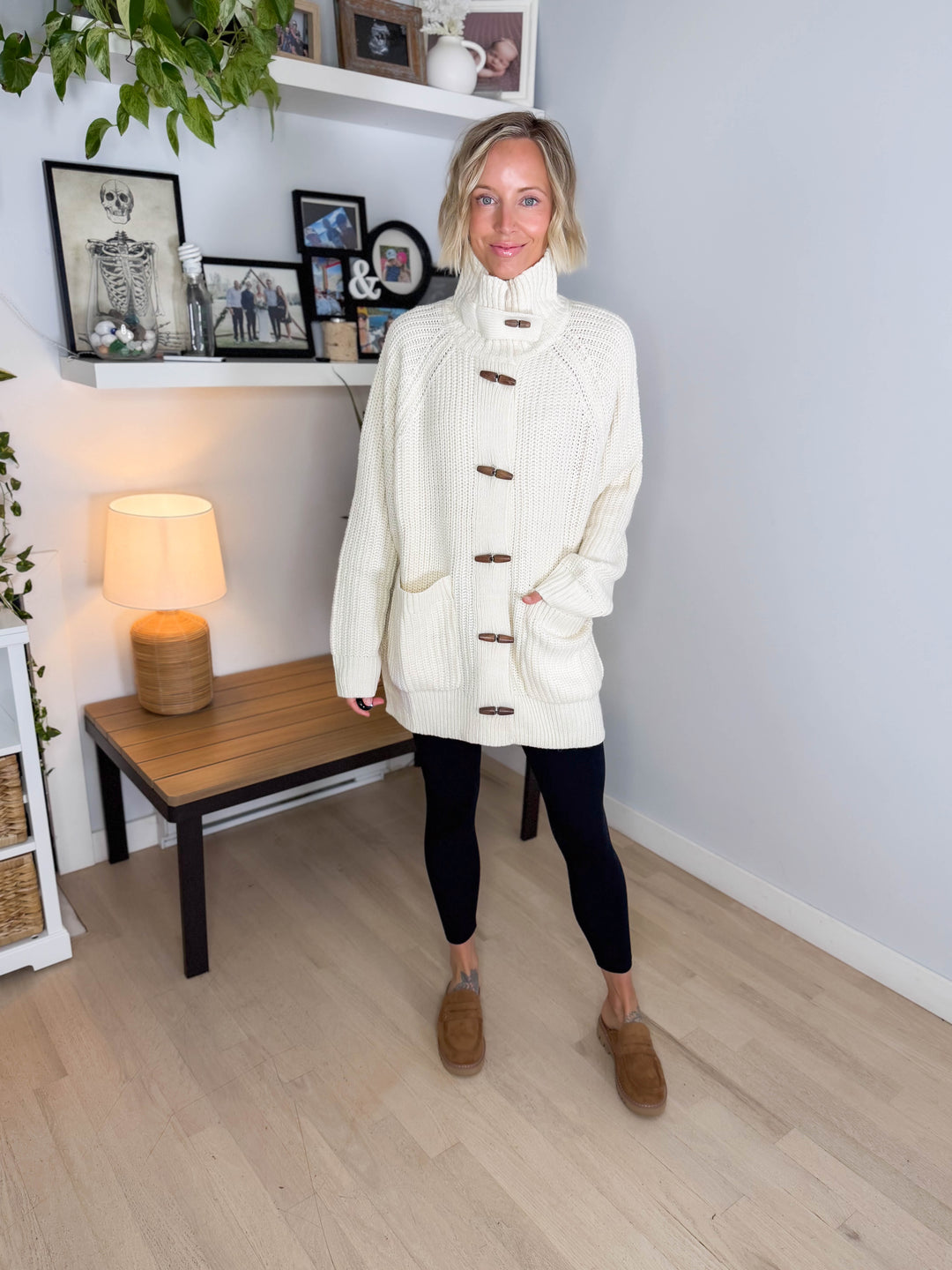 Palms Toggle Chunky Knit  Long Line Coatigan- IVORY