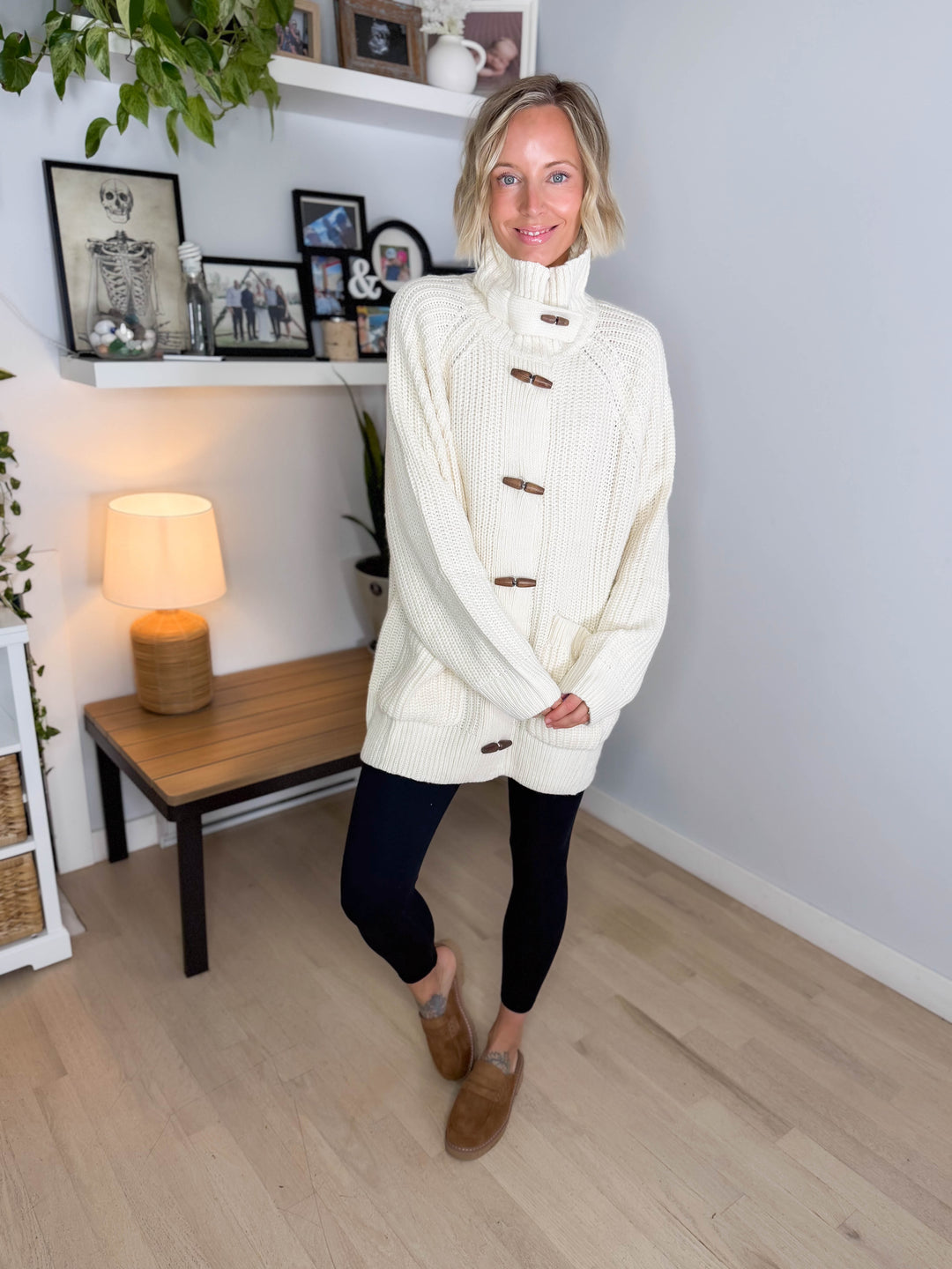 Palms Toggle Chunky Knit  Long Line Coatigan- IVORY