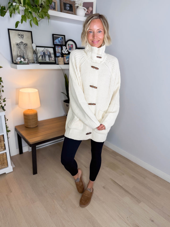 Palms Toggle Chunky Knit  Long Line Coatigan- IVORY