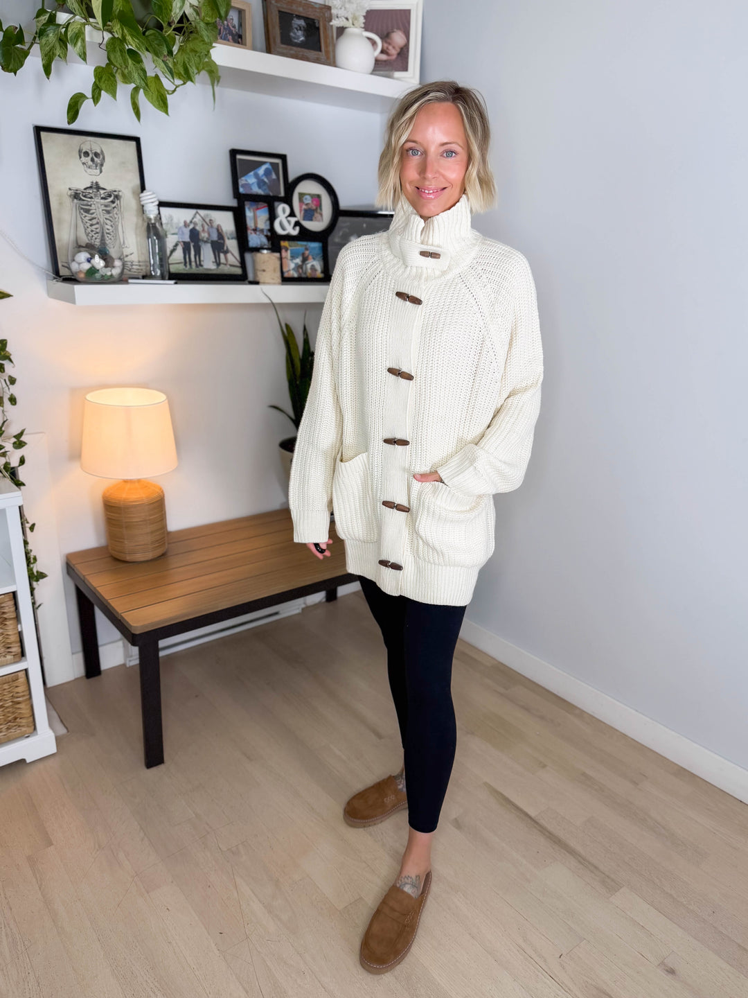 Palms Toggle Chunky Knit  Long Line Coatigan- IVORY