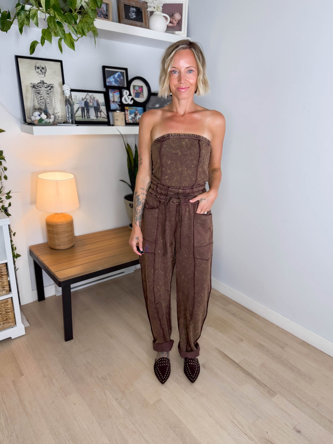 Pepper Strapless Washed Barrel Jumpsuit- MOCHA