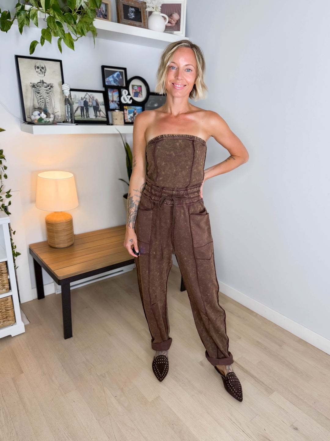 Pepper Strapless Washed Barrel Jumpsuit- MOCHA