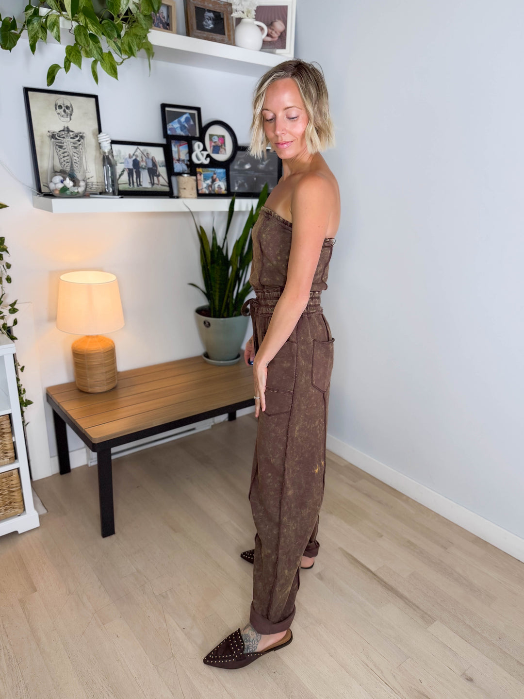 Pepper Strapless Washed Barrel Jumpsuit- MOCHA