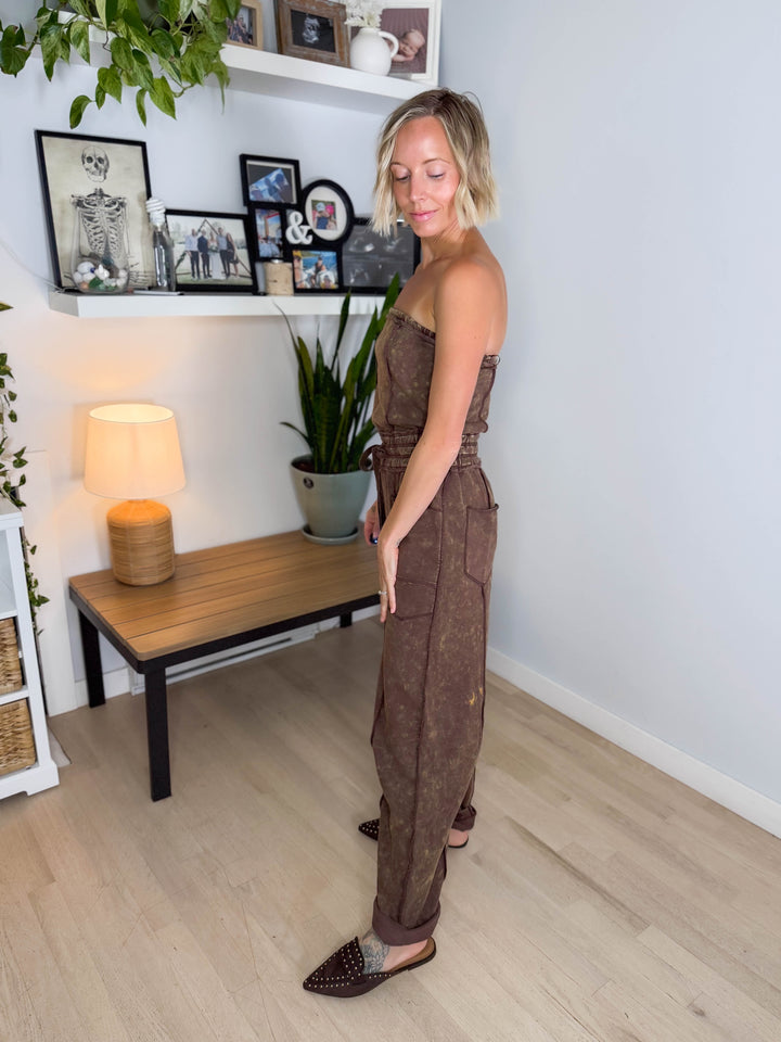 Pepper Strapless Washed Barrel Jumpsuit- MOCHA