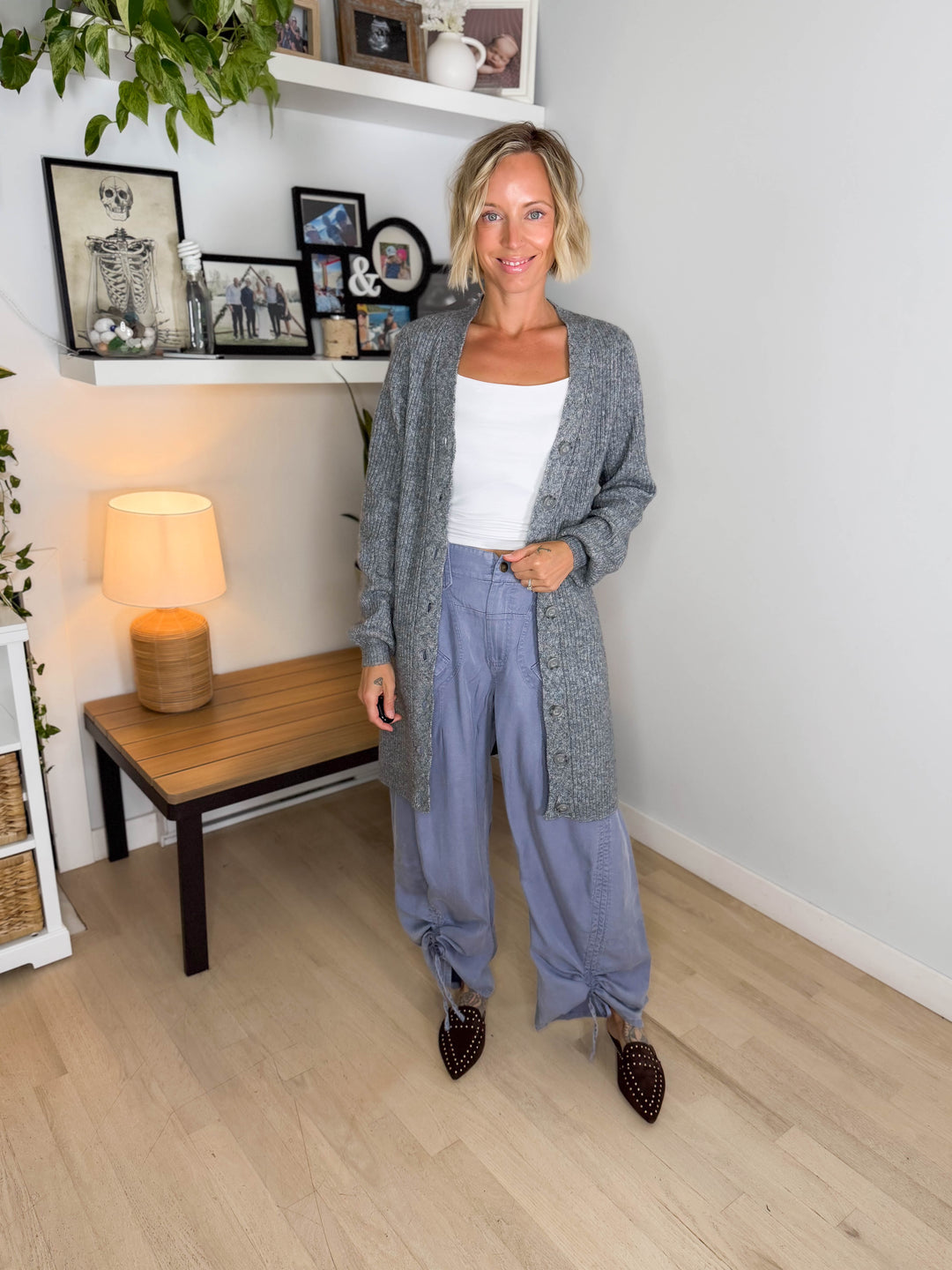 VERO MODA Karla V-neck Button Long Line Cardigan- MEDIUM GREY