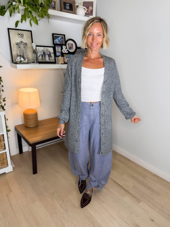 VERO MODA Karla V-neck Button Long Line Cardigan- MEDIUM GREY