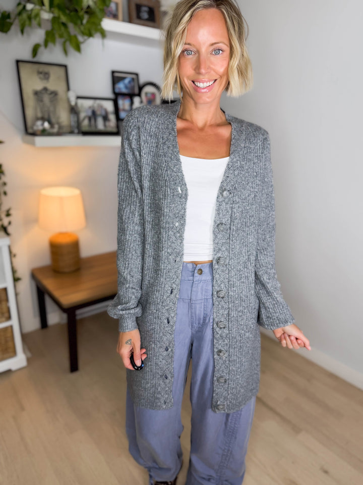 VERO MODA Karla V-neck Button Long Line Cardigan- MEDIUM GREY