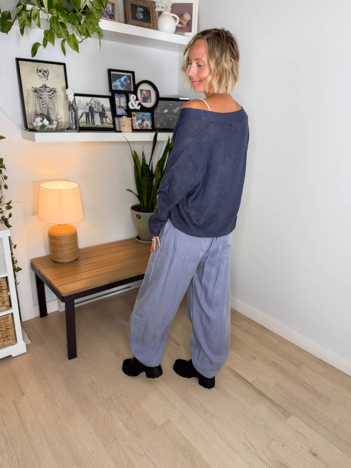 Bronte Button Down Cropped Cardigan- GREY/BLUE