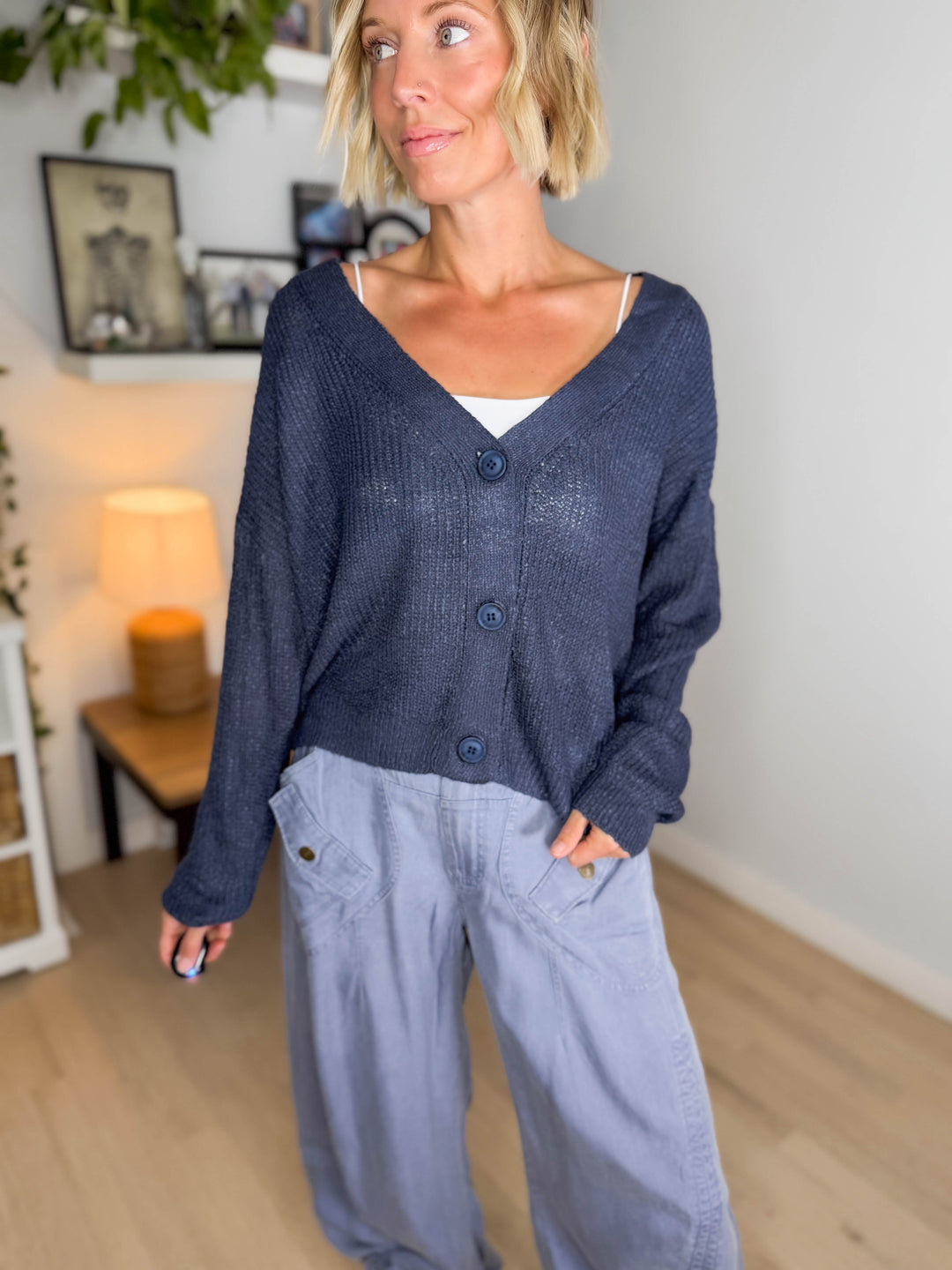 Bronte Button Down Cropped Cardigan- GREY/BLUE