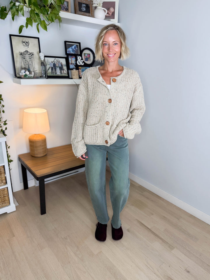 Brinks Marled Button Raw Edge Cardigan- LIGHT KHAKI