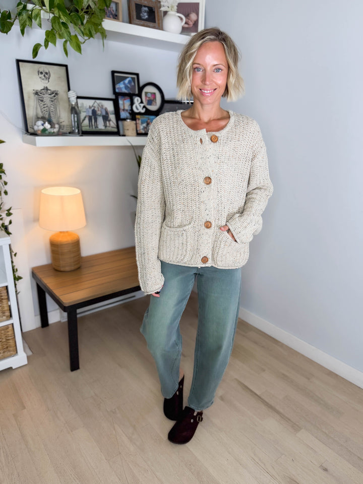 Brinks Marled Button Raw Edge Cardigan- LIGHT KHAKI