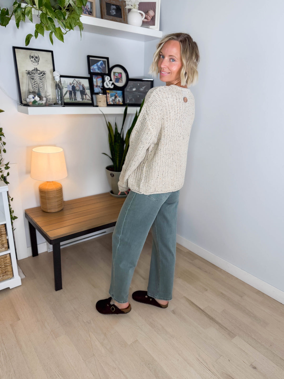 Brinks Marled Button Raw Edge Cardigan- LIGHT KHAKI