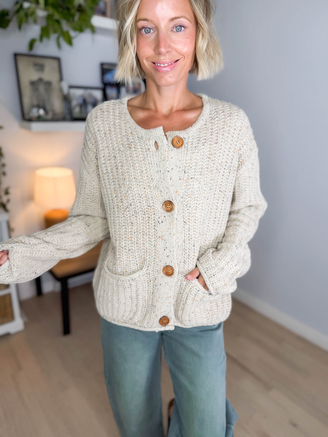 Brinks Marled Button Raw Edge Cardigan- LIGHT KHAKI