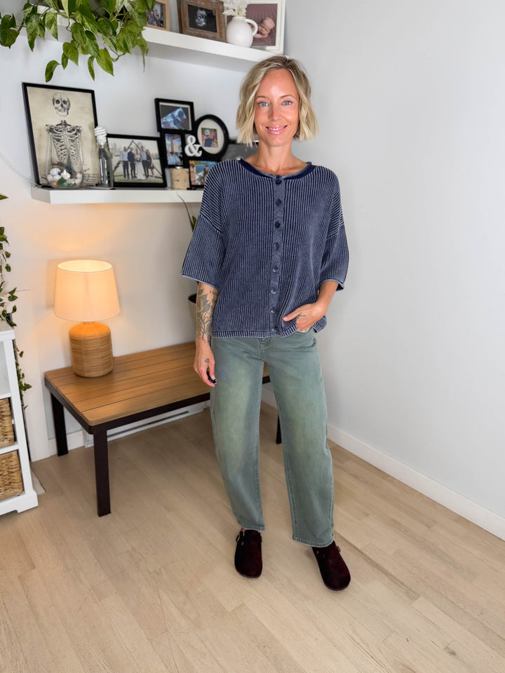 Vesper Washed Cotton Rolled Edge Cardigan- NAVY