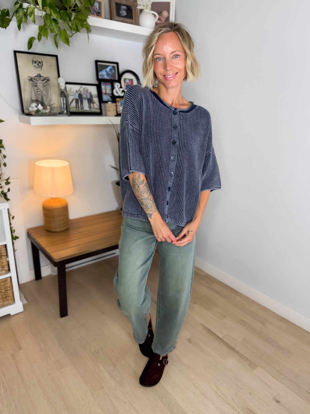 Vesper Washed Cotton Rolled Edge Cardigan- NAVY