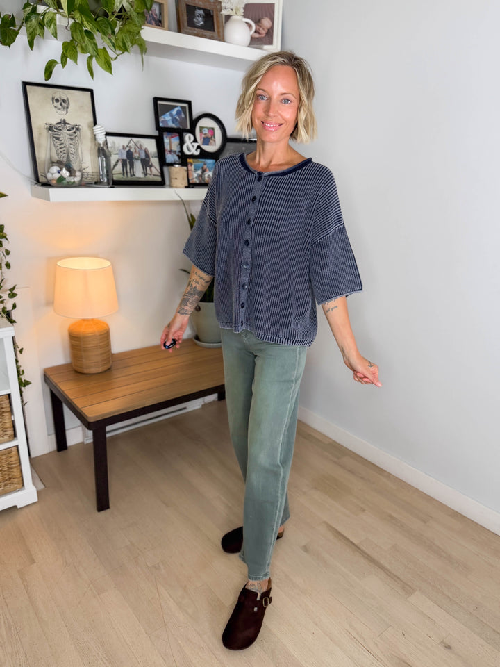 Vesper Washed Cotton Rolled Edge Cardigan- NAVY