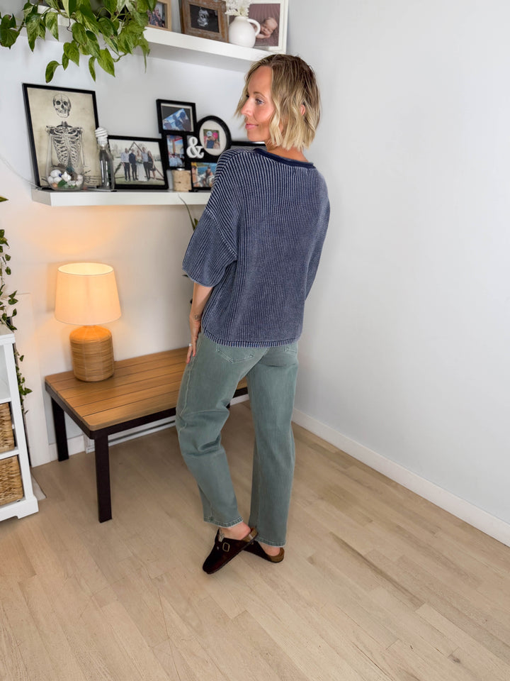 Vesper Washed Cotton Rolled Edge Cardigan- NAVY
