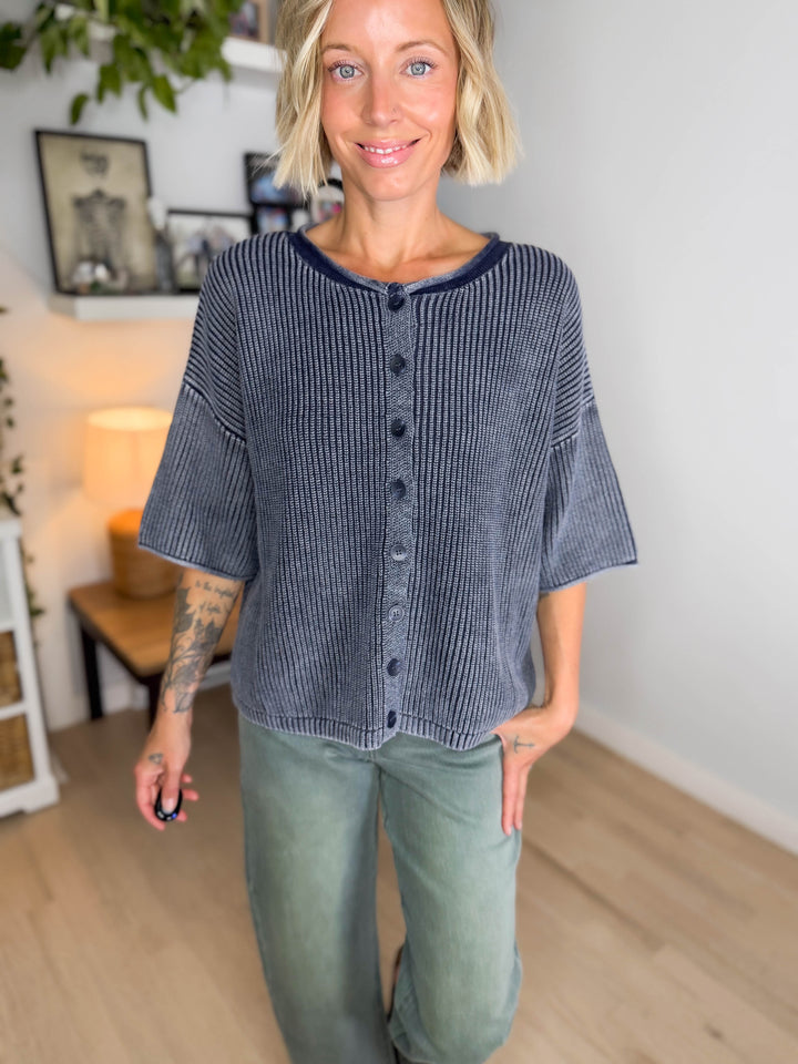 Vesper Washed Cotton Rolled Edge Cardigan- NAVY