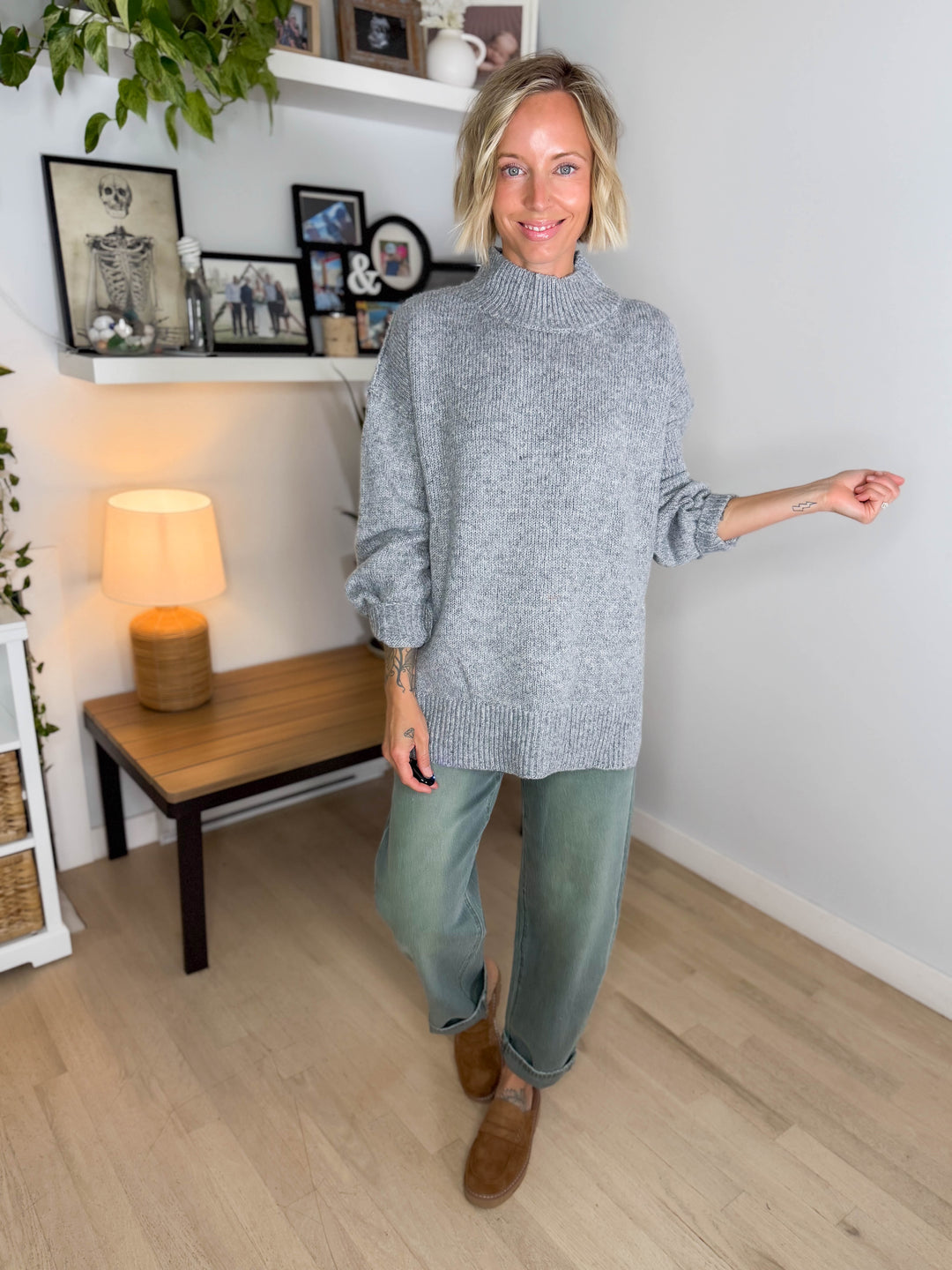 Forage Mockneck Oversized Sweater- HEATHER GREY