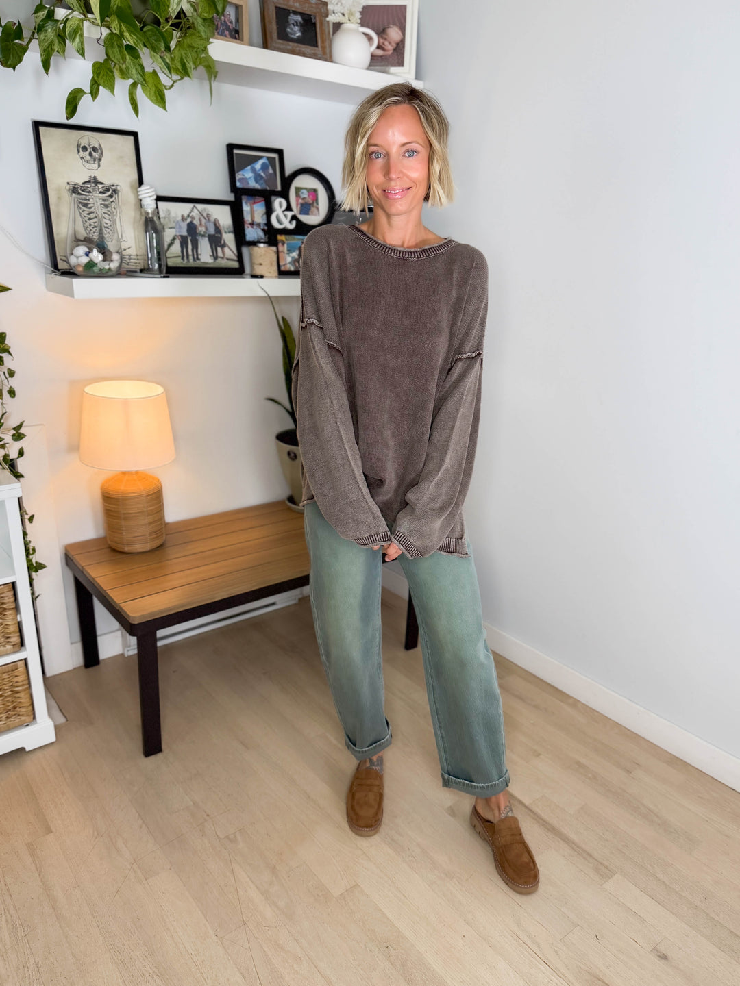 Sorel Washed Cotton Raw Edge Crewneck Sweater- DARK BROWN