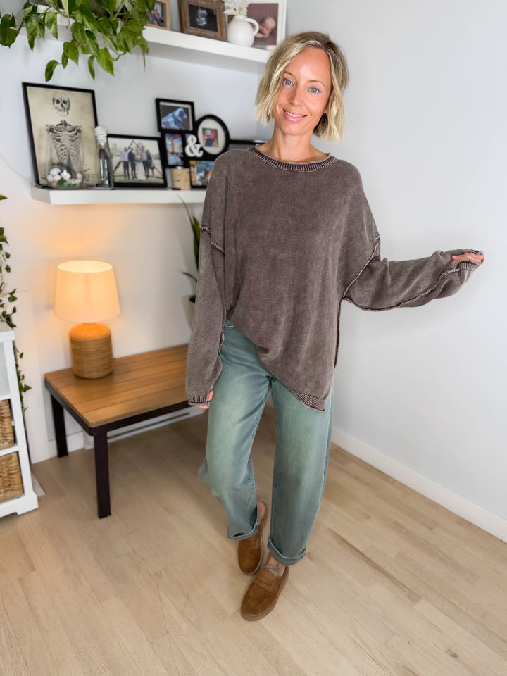Sorel Washed Cotton Raw Edge Crewneck Sweater- DARK BROWN
