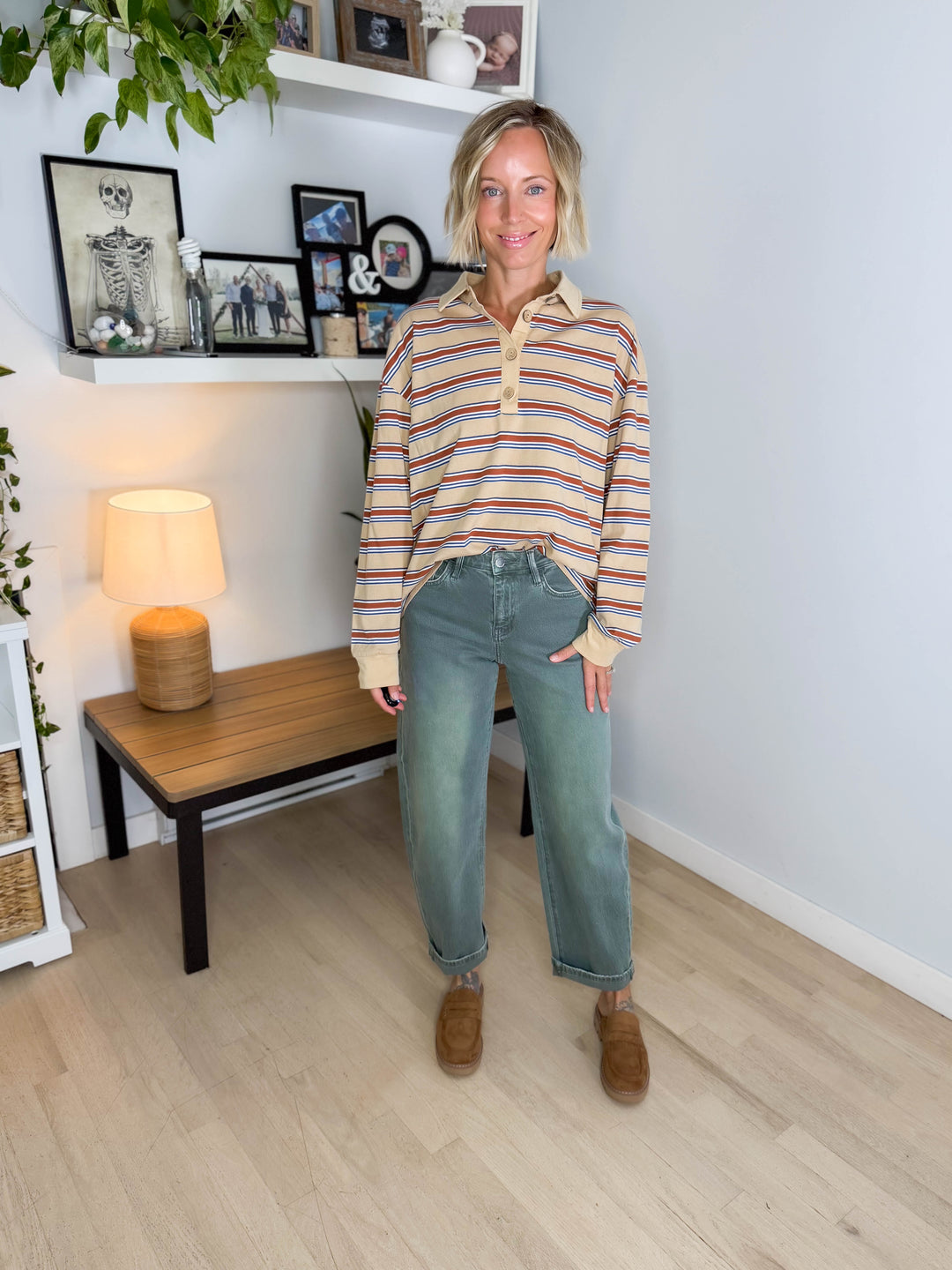 Crosby Polo Striped Long Sleeve- OATMEAL