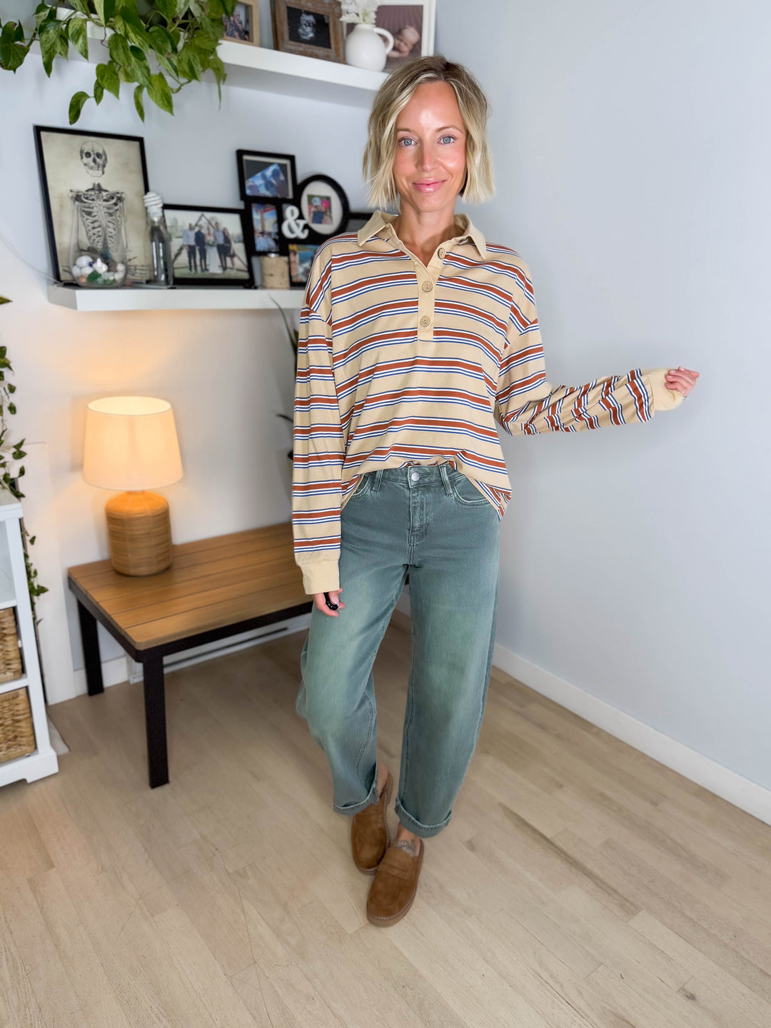 Crosby Polo Striped Long Sleeve- OATMEAL