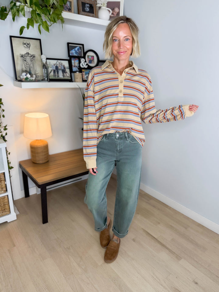 Crosby Polo Striped Long Sleeve- OATMEAL