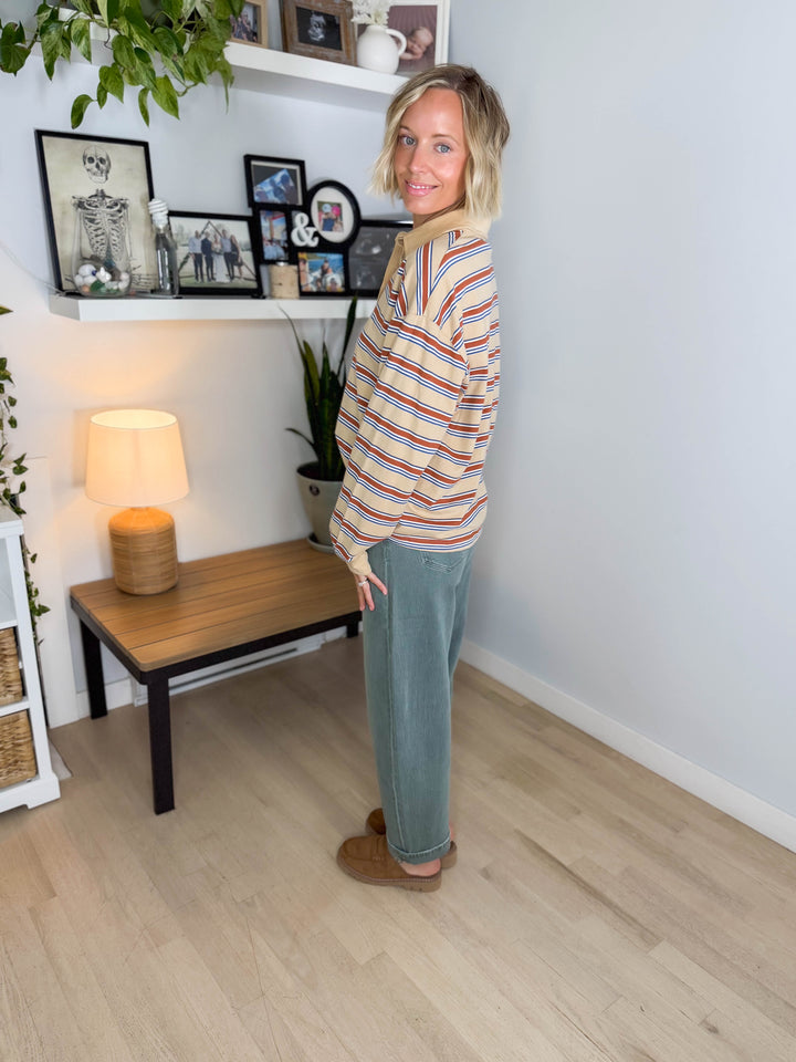 Crosby Polo Striped Long Sleeve- OATMEAL