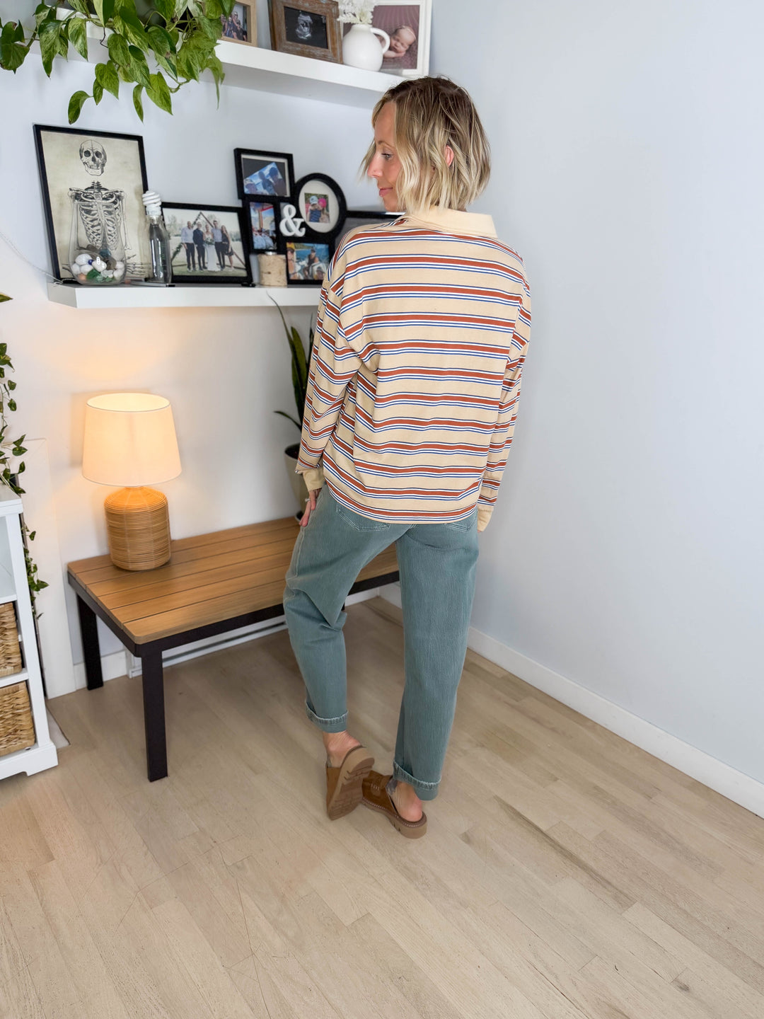 Crosby Polo Striped Long Sleeve- OATMEAL