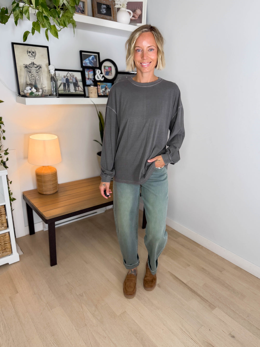 Landyn Washed Cotton Crewneck Long Sleeve- CHARCOAL