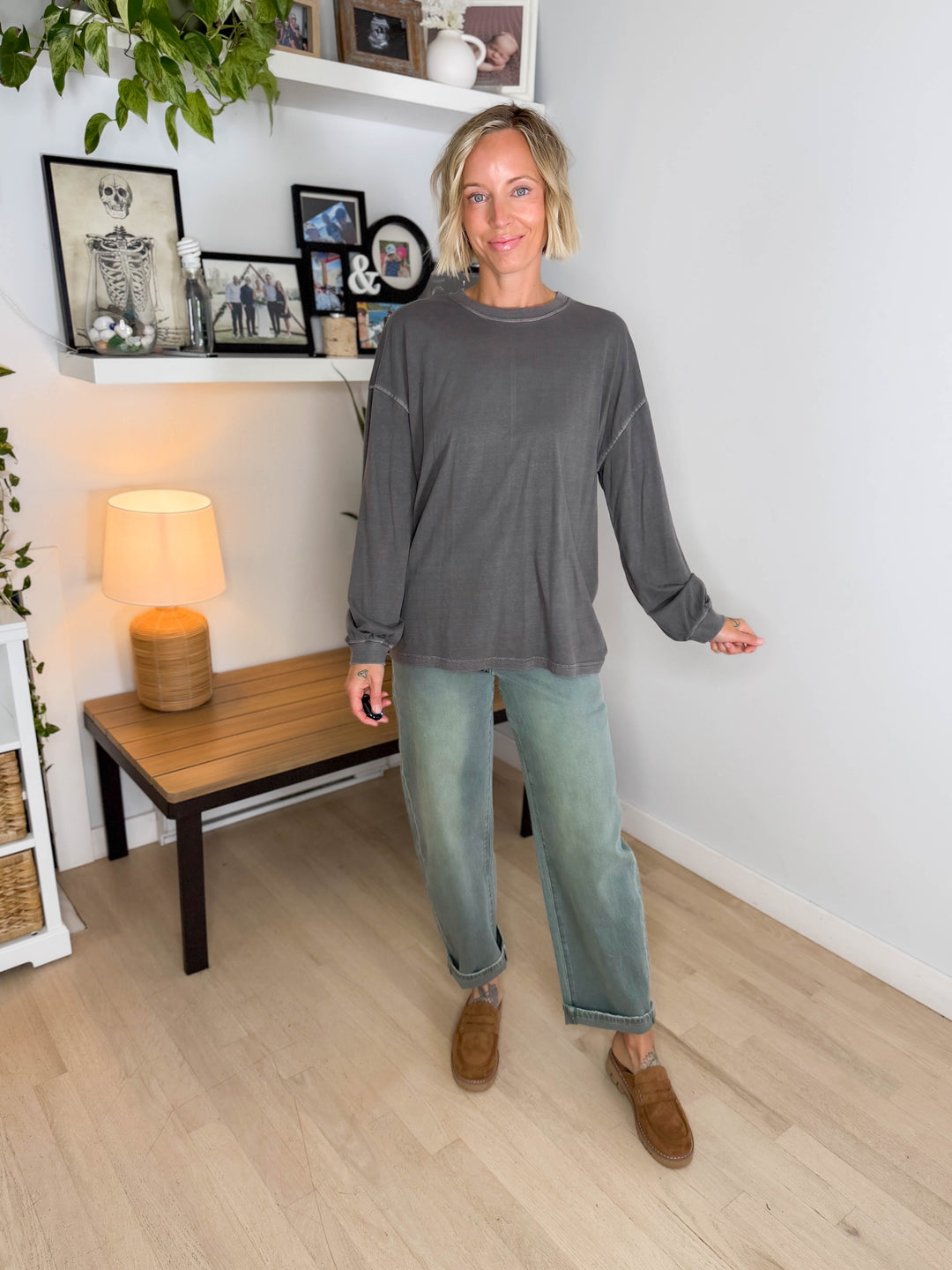 Landyn Washed Cotton Crewneck Long Sleeve- CHARCOAL