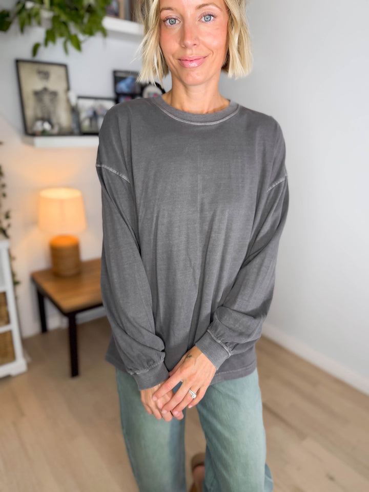 Landyn Washed Cotton Crewneck Long Sleeve- CHARCOAL