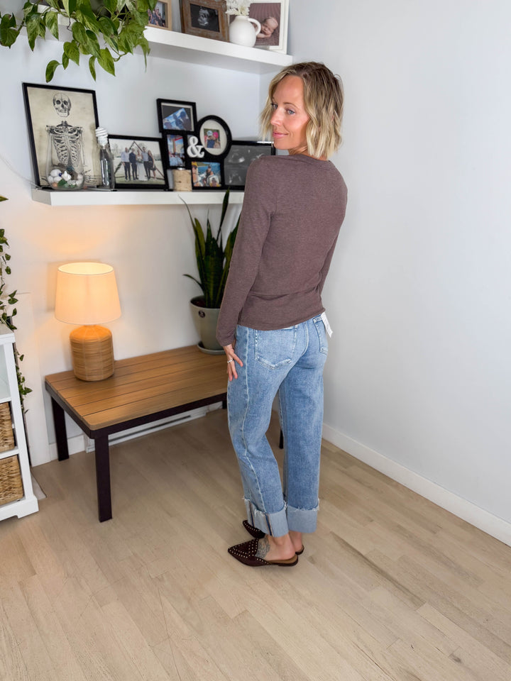 Tansy Basic Crewneck Longsleeve Knit Top- WALNUT