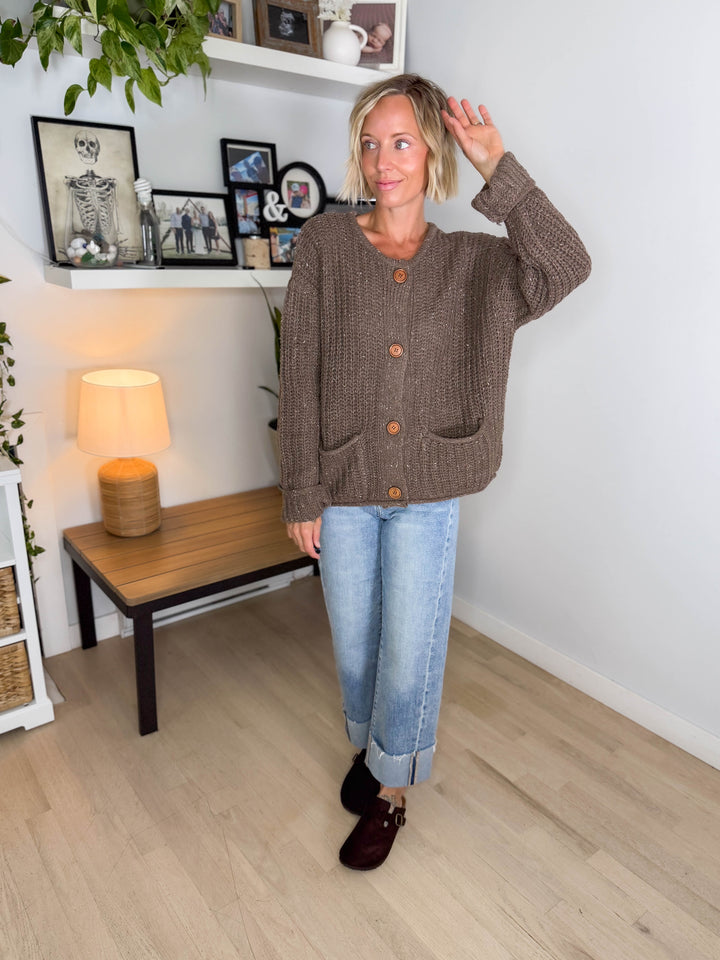 Brinks Marled Button Raw Edge Cardigan- DEEP TAUPE