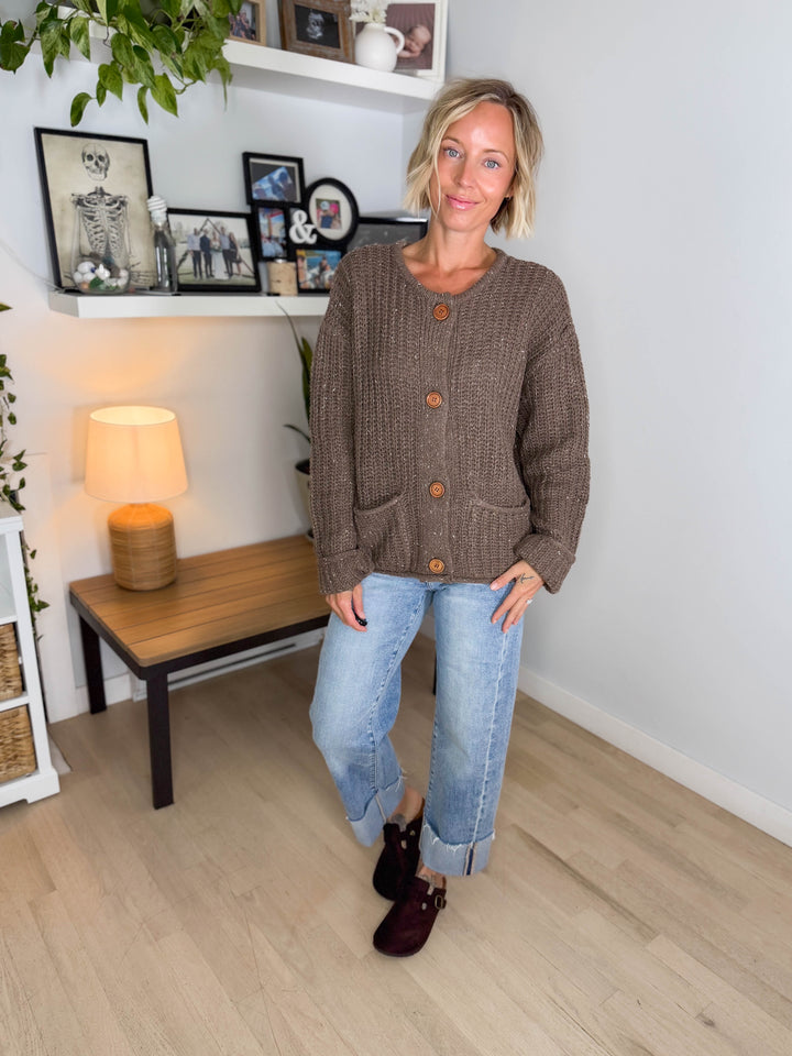 Brinks Marled Button Raw Edge Cardigan- DEEP TAUPE