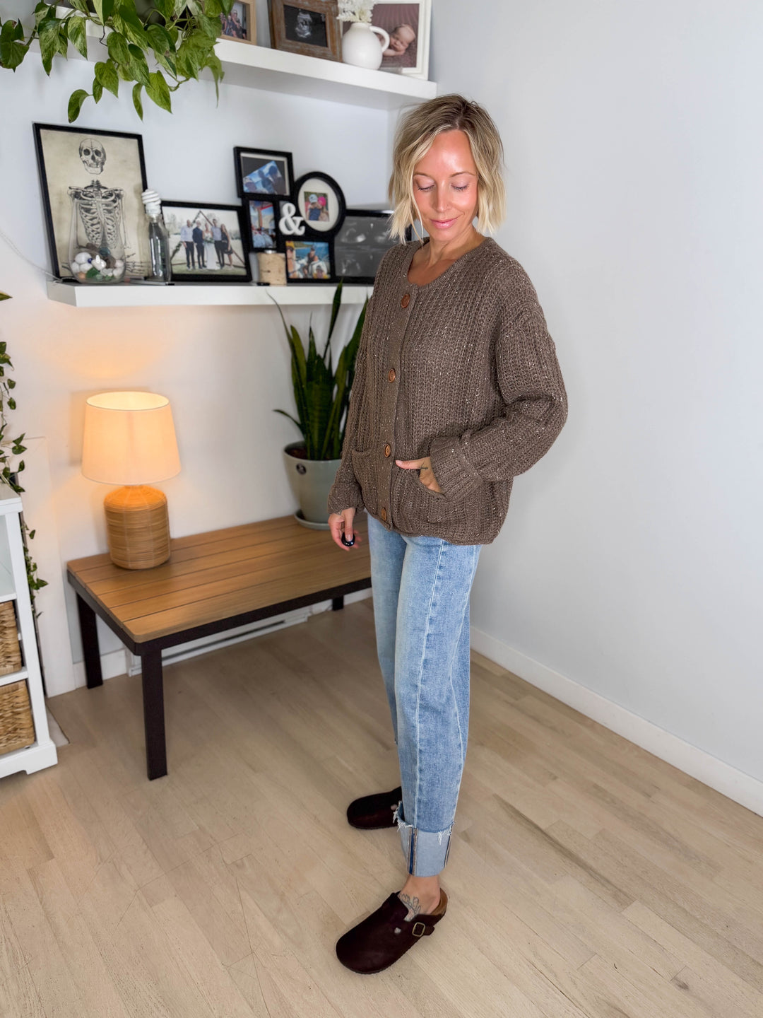 Brinks Marled Button Raw Edge Cardigan- DEEP TAUPE