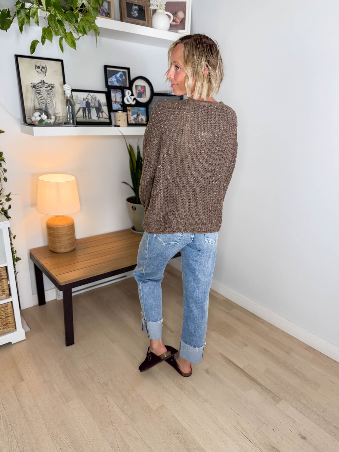 Brinks Marled Button Raw Edge Cardigan- DEEP TAUPE