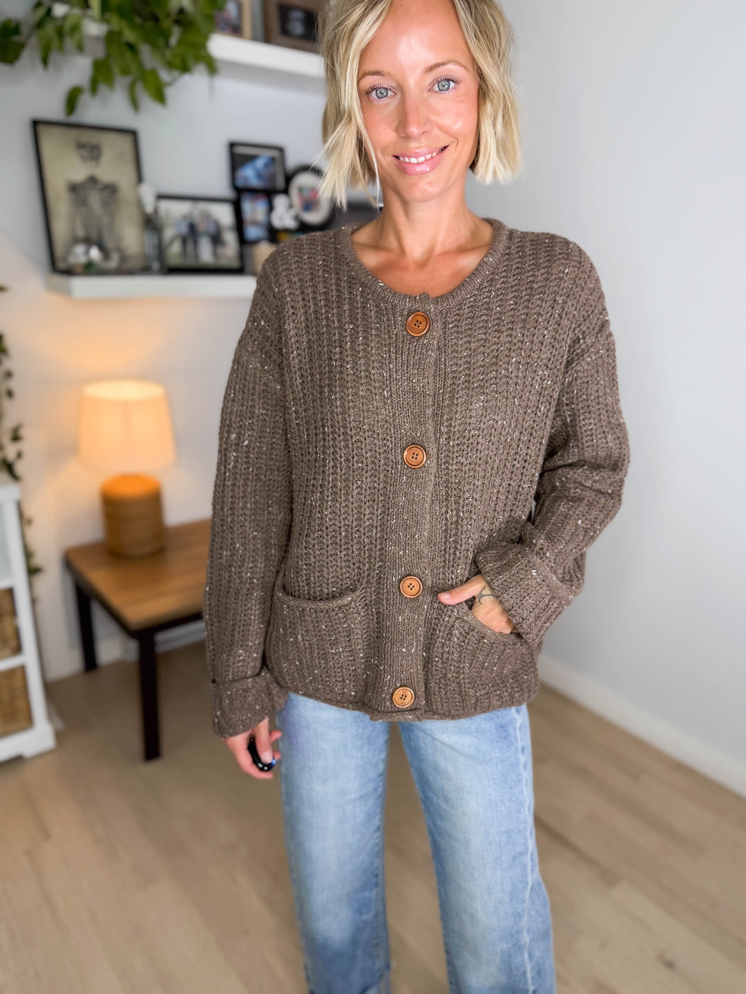 Brinks Marled Button Raw Edge Cardigan- DEEP TAUPE