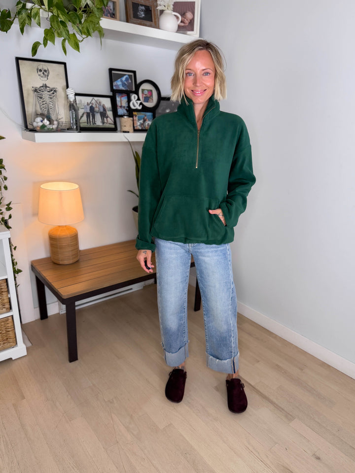 Harvest Sun 1/4 Zip Premium Plush Fleece Pullover- PINE GREEN
