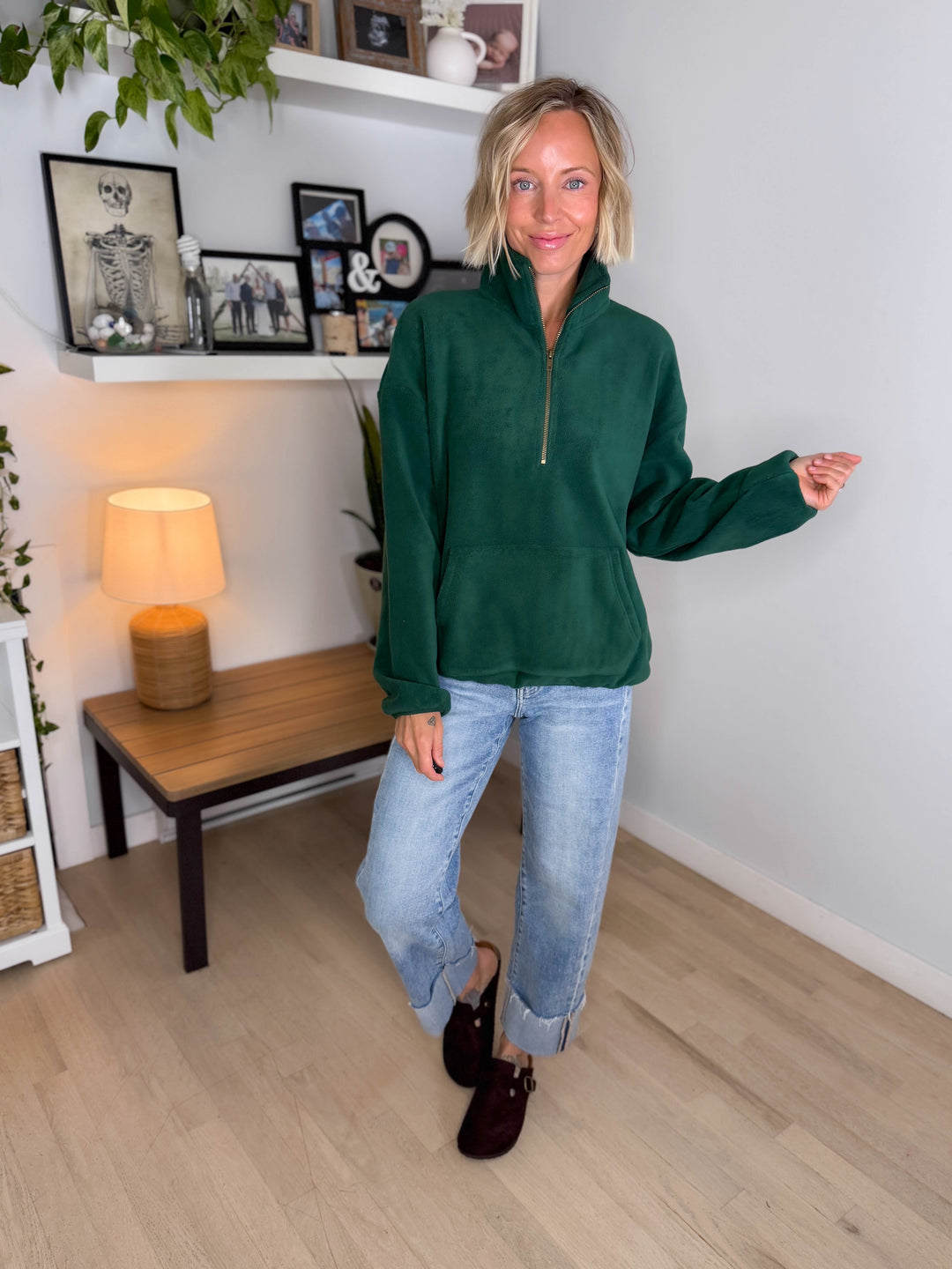 Harvest Sun 1/4 Zip Premium Plush Fleece Pullover- PINE GREEN