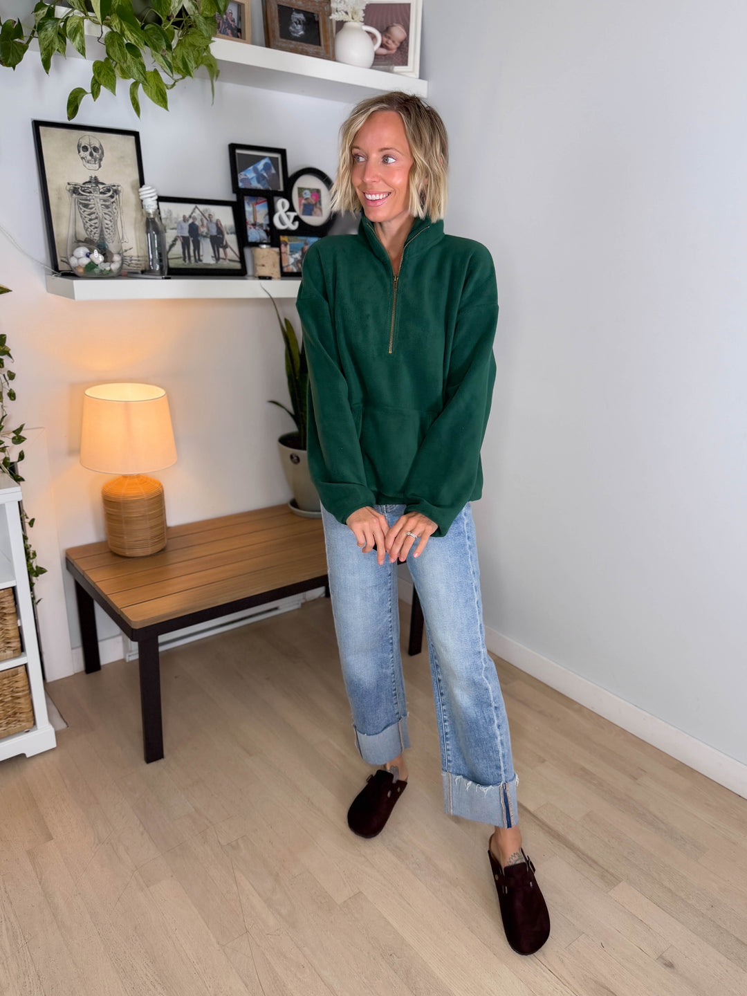 Harvest Sun 1/4 Zip Premium Plush Fleece Pullover- PINE GREEN