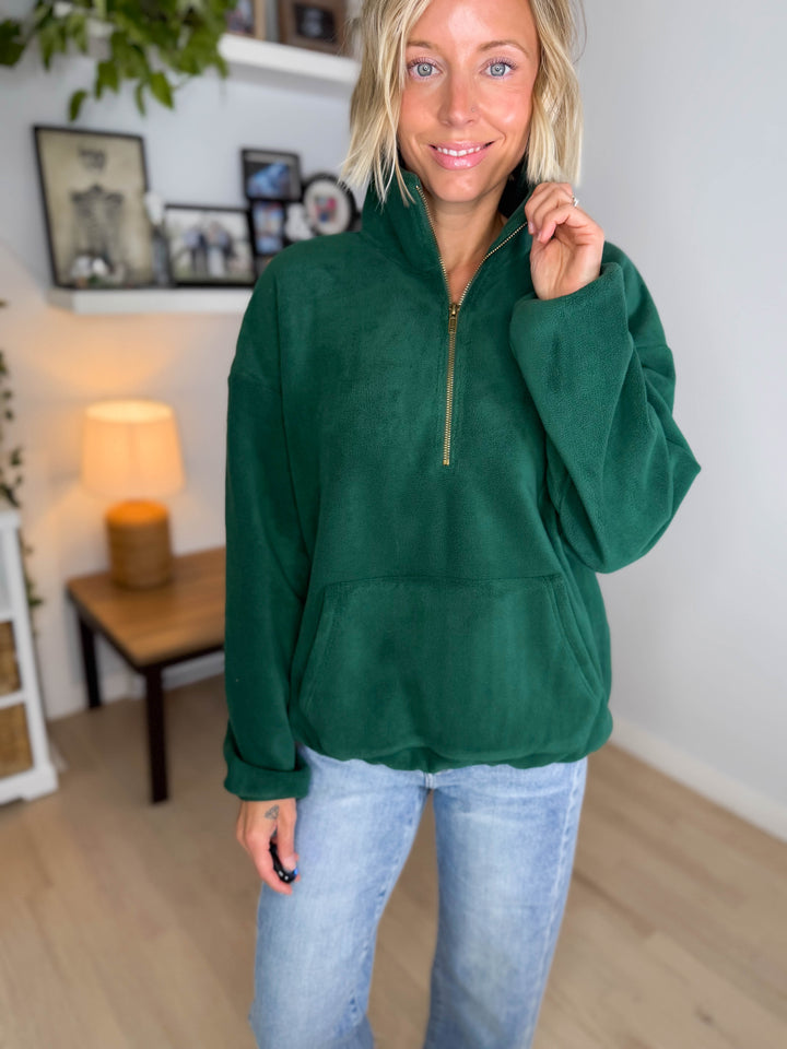 Harvest Sun 1/4 Zip Premium Plush Fleece Pullover- PINE GREEN