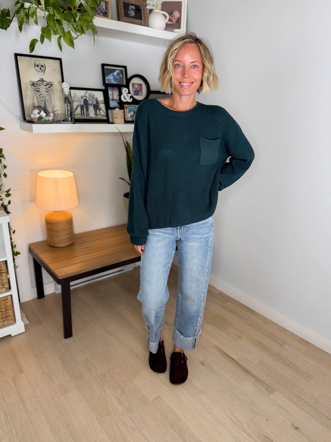 Sunday Raw Edge Pocket Sweater- HUNTER
