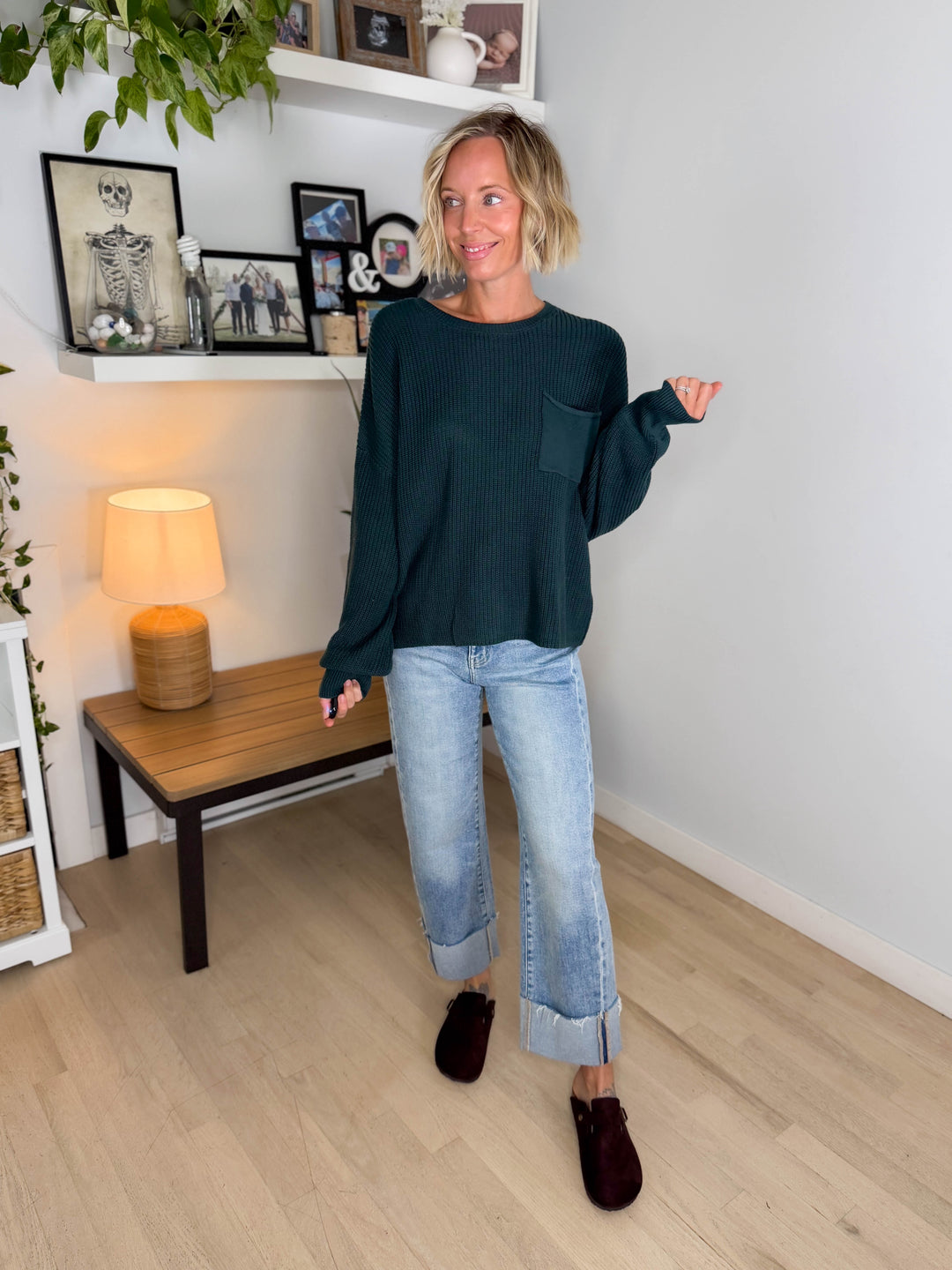Sunday Raw Edge Pocket Sweater- HUNTER