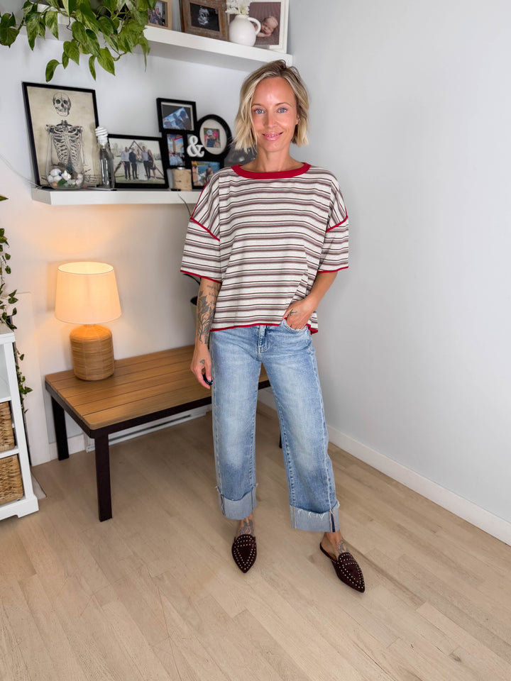 Finner Striped Short Sleeve Boxy Top- COCO STRIPE