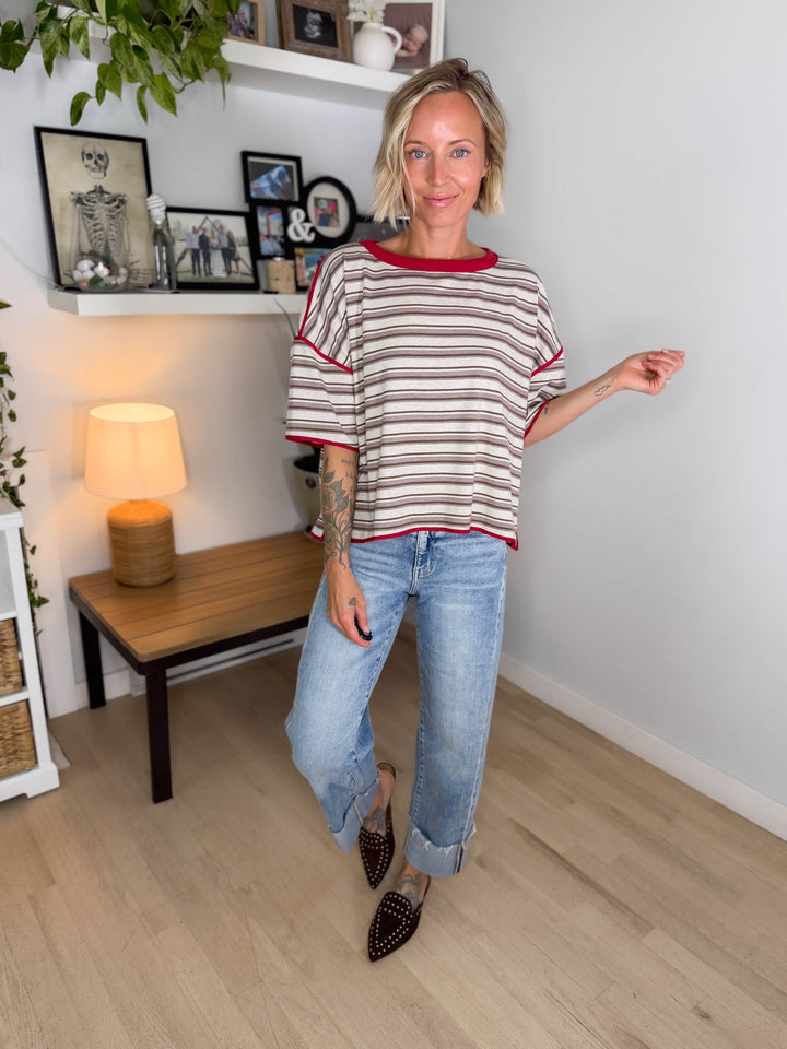 Finner Striped Short Sleeve Boxy Top- COCO STRIPE